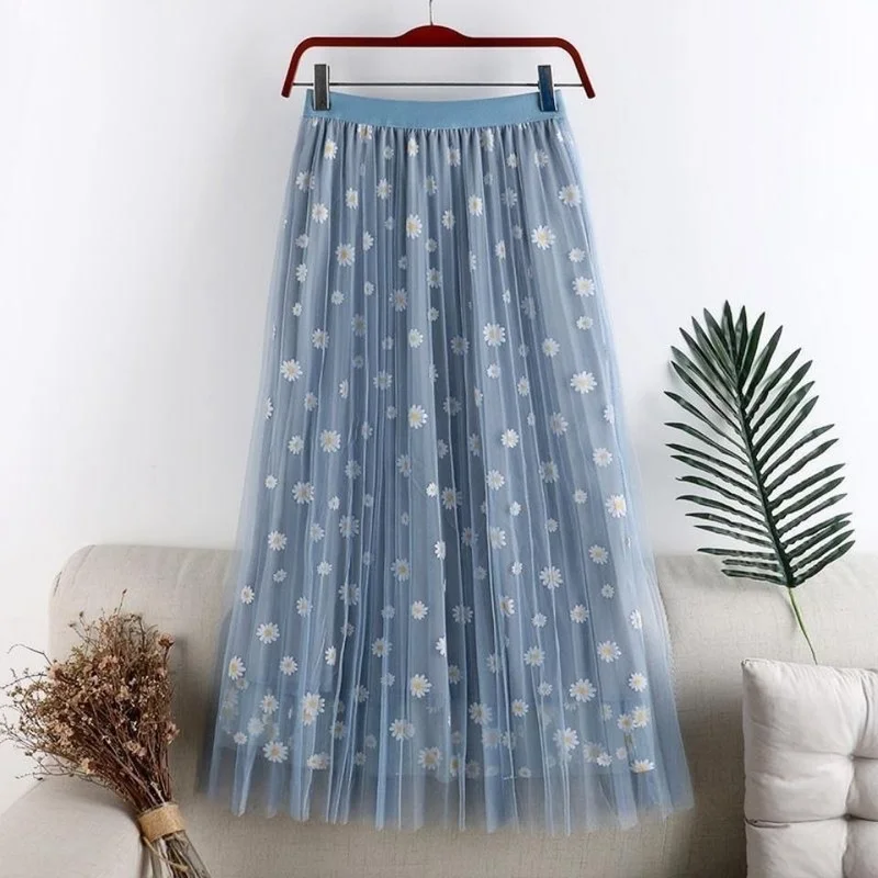 

Women Tutu Tulle Mesh Skirts Spring Elastic High Waist Floral Print Layered A Line Midi Skirt Female Clothes Faldas Jupe X223