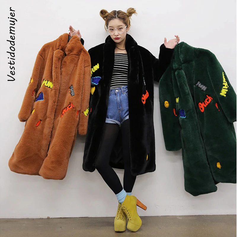 Rex Rabbit Faux Fur Coat Women 2022 Autumn Winter Long Jackets Female Casual Thick Warm Loose Coat Vintage Embroidery Clothes