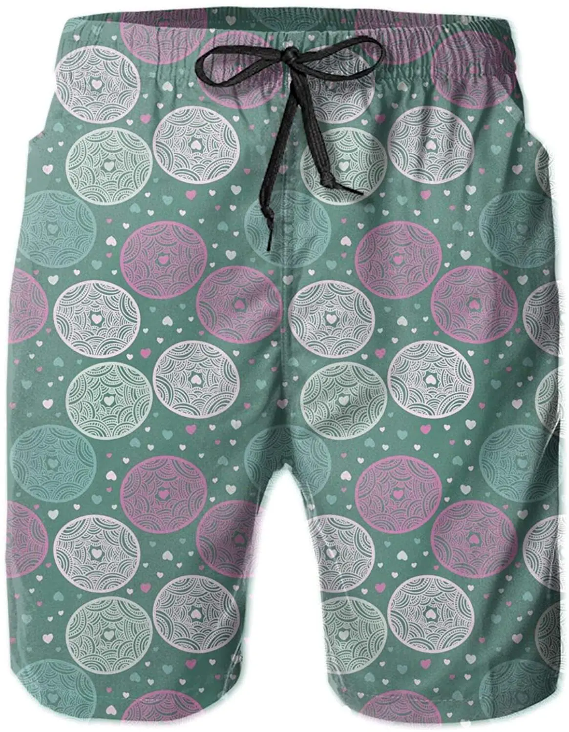 

Men Swim Trunks Hearts Circle Green Swimming Shorts Beachwear Quick Dry Casual Summer Beach Shorts With Pockets