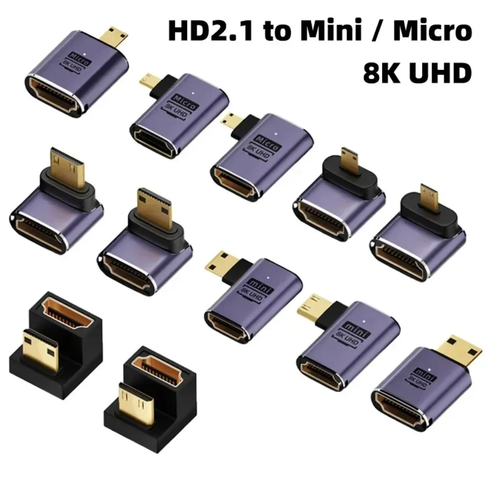 Фото Адаптер, совместимый с HDMI 8K, угловой коннектор 90/270 градусов (штекер-гнездо), мини/микро HDMI-совместимый удлинитель-коннектор №1