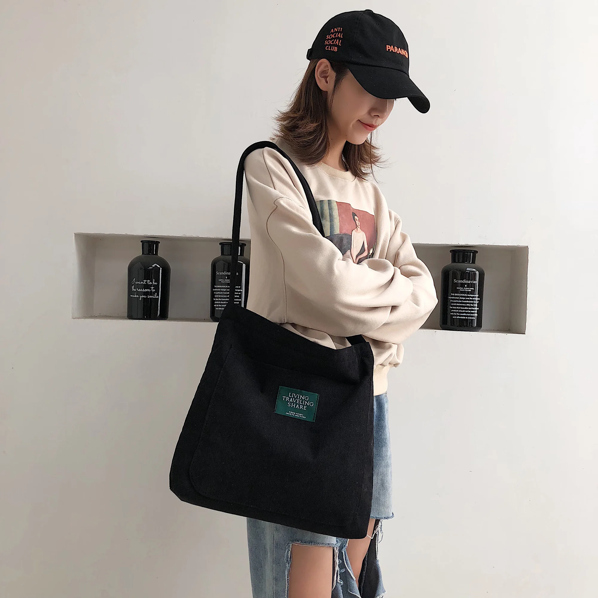 

Women Corduroy Shoulder Bag Quality Canvas Crossbody Bags Simple Cloth Fabric Handbag Tote Solid Zipper Messenger Bags For Girls