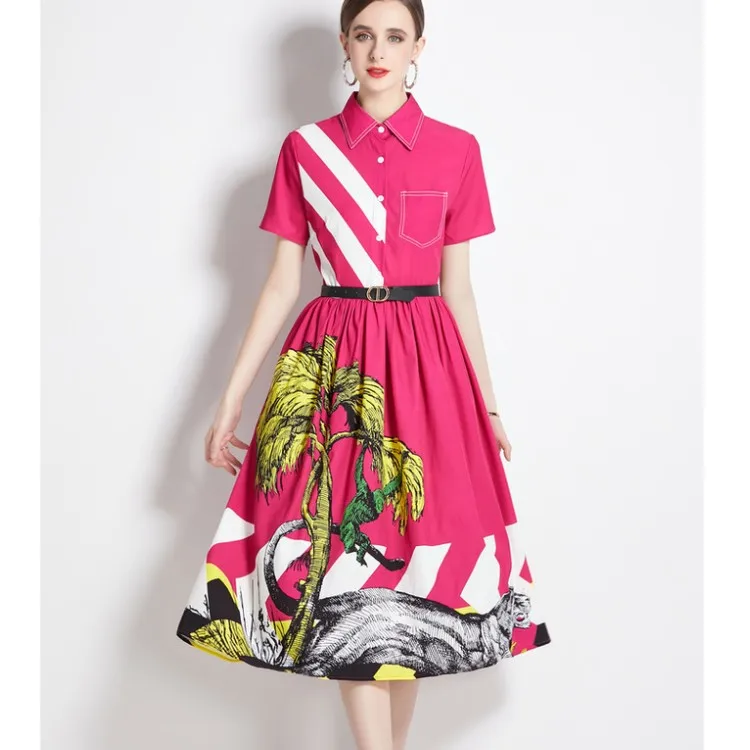 

Женское модельное платье-рубашка с отложным воротником, элегантное праздвечерние чное платье-трапеция средней длины с коротким рукавом и п...