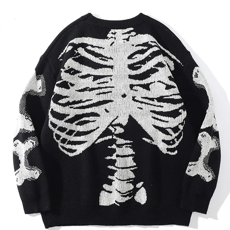 

2022 New Men Oversized Sweater Black Loose Skeleton Bone Print Women Vintage Retro Knitted Sweater Autumn Cotton Pullover Unisex