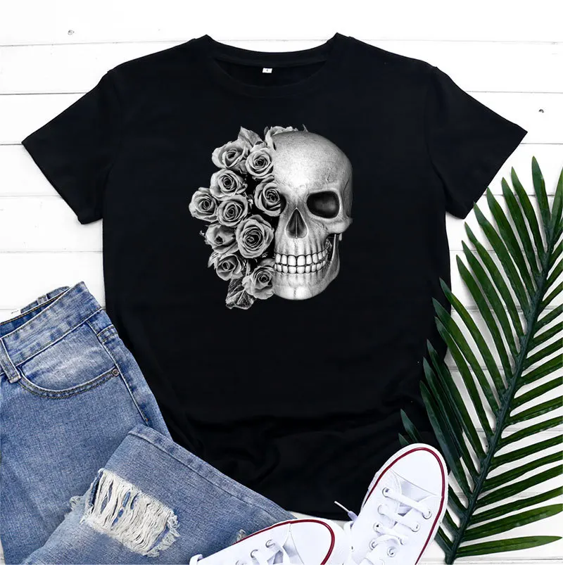 

Summer T Shirt Women Skeleton Print T-shirt Woman Tshirts 100%Cotton O Neck Short Sleeve Graphic Basic Tops Tee Fashion Clothing