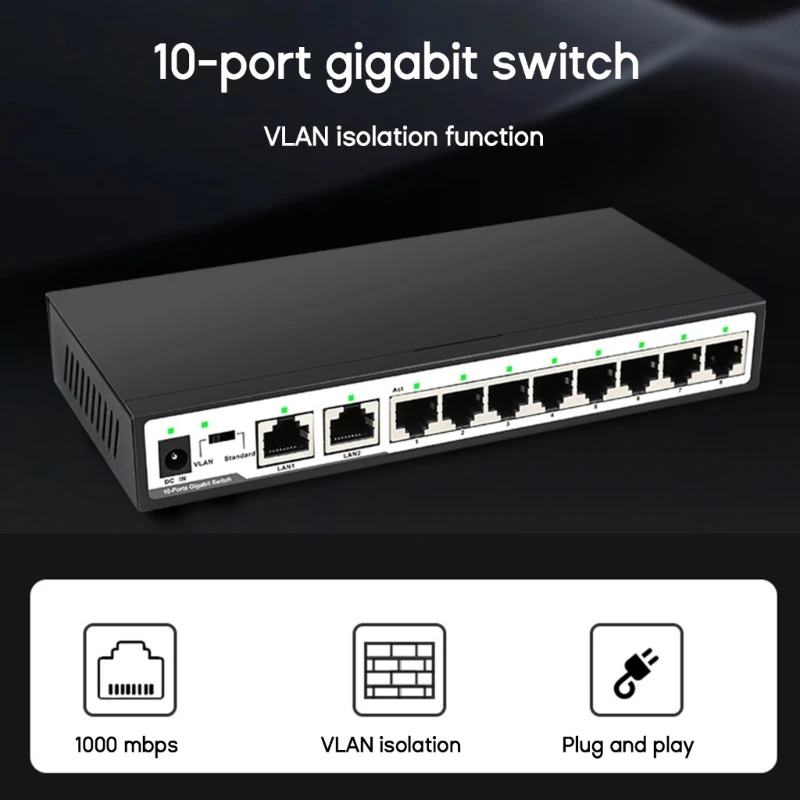 

10-портовый настольный коммутатор 1000 Мбит/с, коммутатор Gigabit RJ45 Ethernet VLAN, Прямая поставка