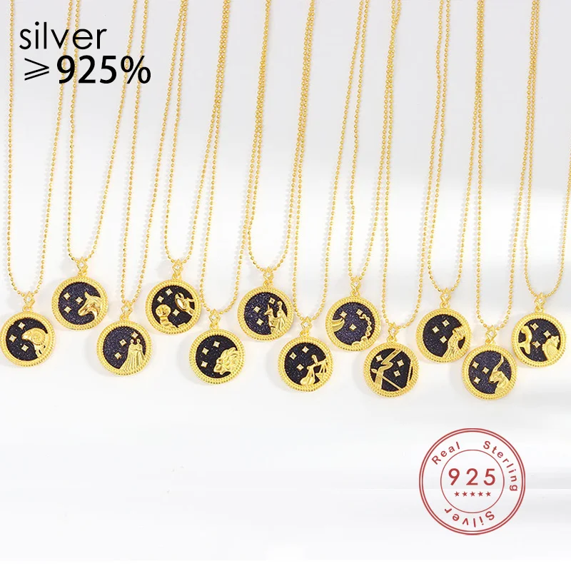 

Silver Color Plated 18k Gold Bead Chain 12 Constellation Round Medal Gold Coin Necklace Female Simple Temperament Jewelry
