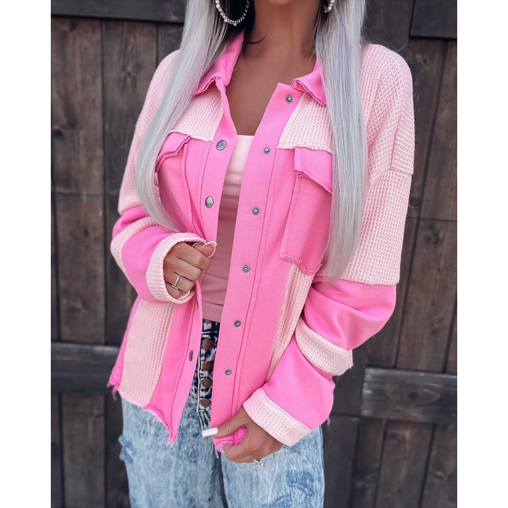 

Autumn Women Pocket Patchwork Button Front Long Sleeve Shacket Coat 2022 Femme Casual Jacket Office Lady Outfits Clothing traf