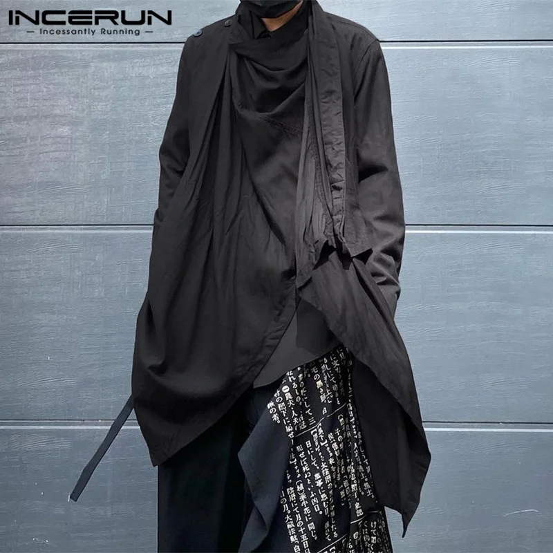 

INCERUN Men Irregular Trench Solid Color Turtlneck Long Sleeve 2023 Fashion Cloak Ponchos Men Punk Streetwear Casual Thin Coats
