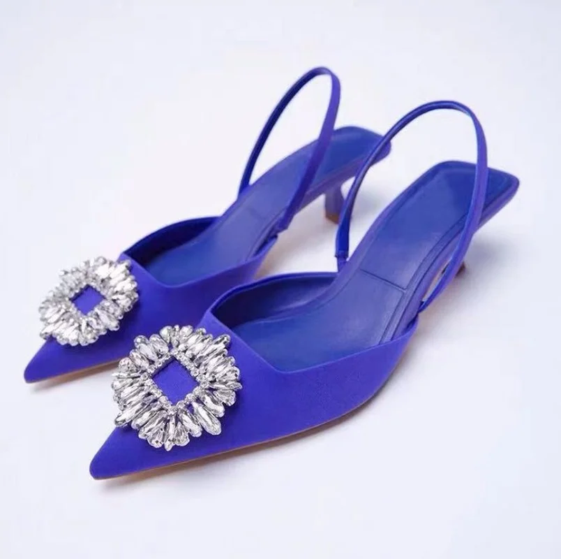 

2022 New Women's Shoes Pointed Toe Shallow Nude Pink Diamond Shoes Low Heel Back Strappy Shoes Women wide heels women Rubber