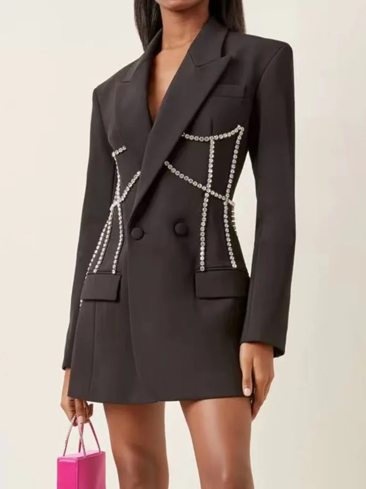 

2023 Spring Luxury Design Rhinestone Decorative Suit Coat Medium Length Fashion Women Blazers Long Sleeve Office Lady Outwear