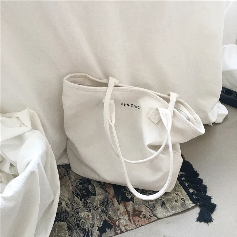 

Fashion Solid Color Tote Bag Beige and Black Shopping Original Unisex Travel Canvas Bags Eco Foldable Shopper Totes Large Tote