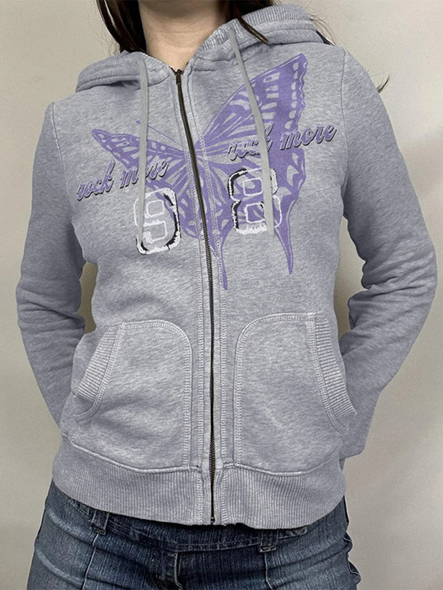 

Женские винтажные толстовки с капюшоном и молнией, классические свитшоты с длинным рукавом и принтом бабочки, уличная одежда, куртка