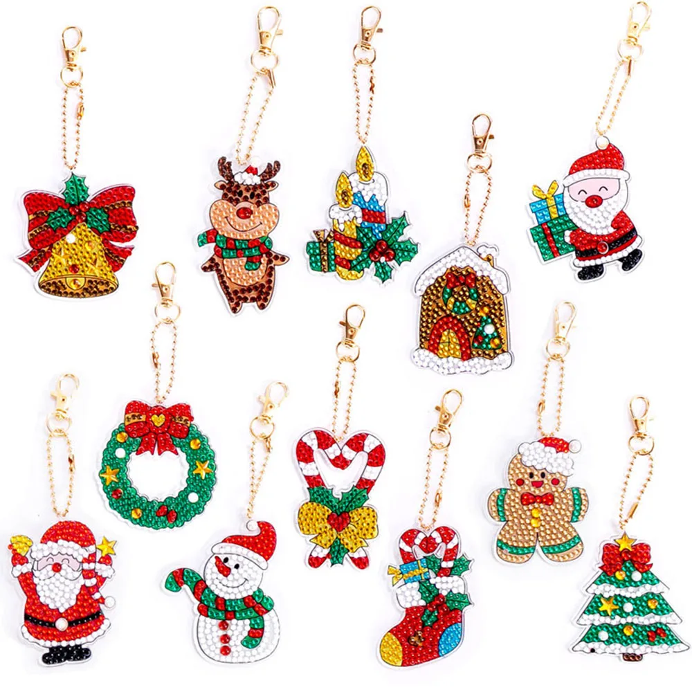 

12Pcs 5D Diamond Painting Christmas Wood Keychain DIY Diamond Bag Pendant Jewelry Mosaic Decoration Pattern Handmade Gift Woman