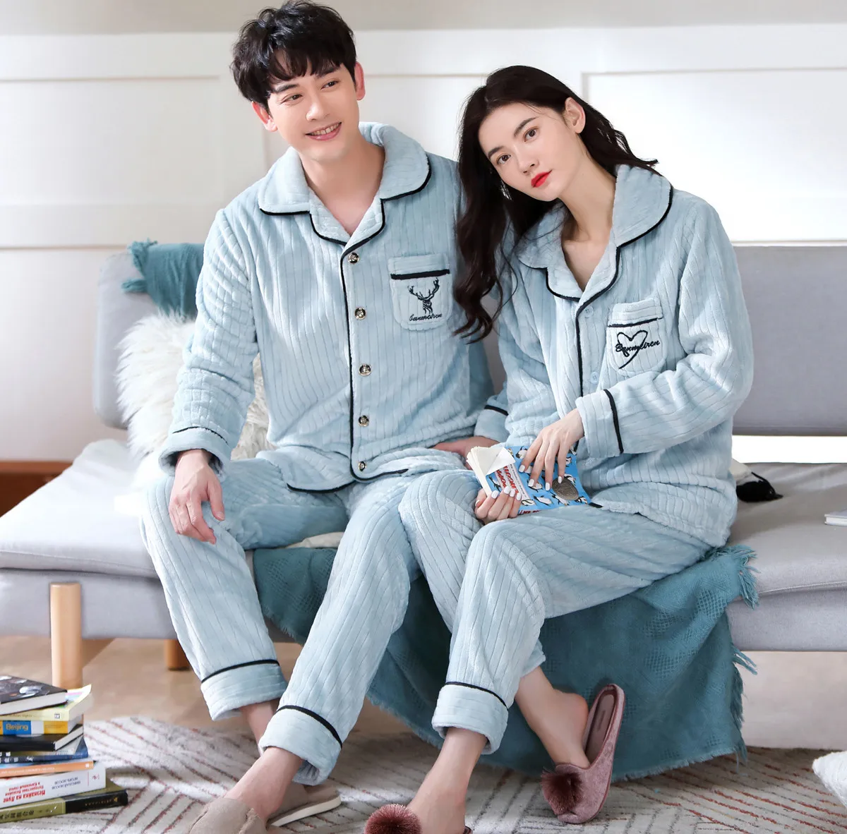 Autumn Winter Coral Velvet Couple Pajamas Set V-Neck Plus Size Home Service Suit Casual Women Flannel White Sleepwear Nightwear