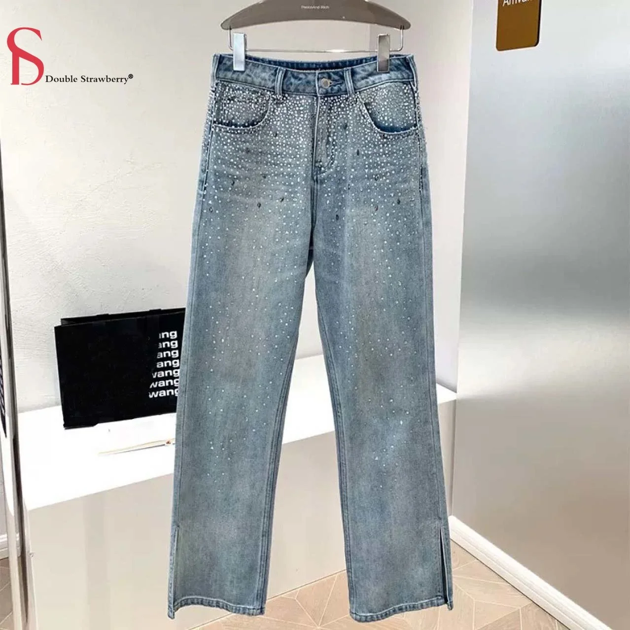 

Pants Spring Jean Women's Wang's High-waisted Rhinestone Split Slightly Flared Jeans Loose Straight Denim Trousers