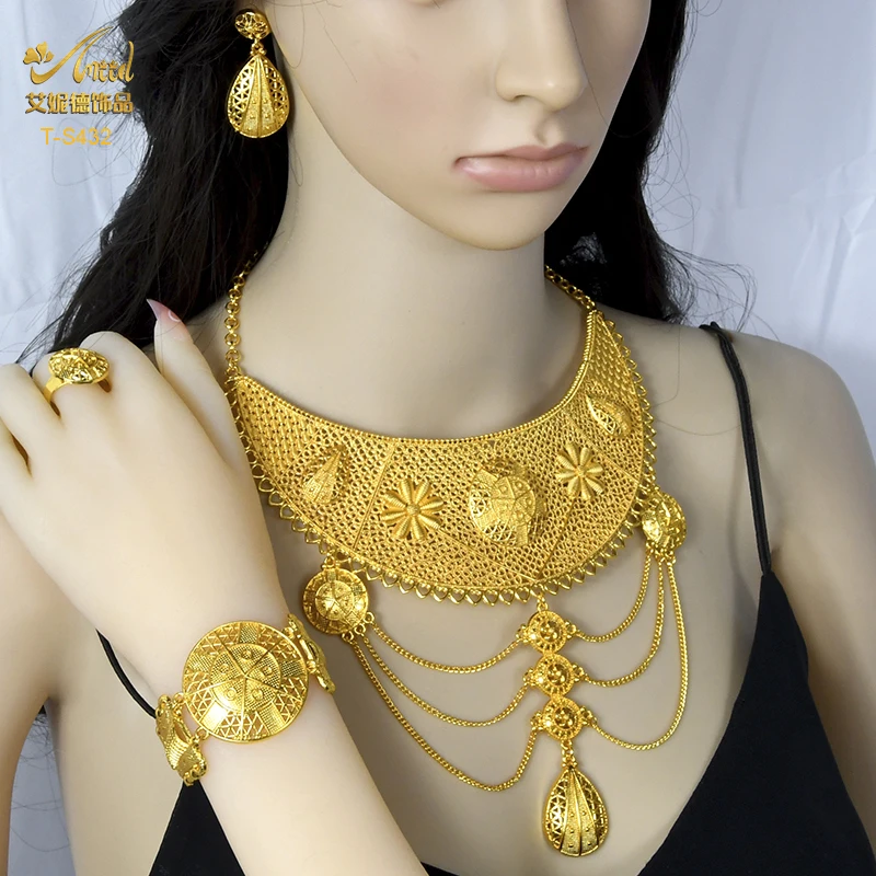 

ANIID African 24K Plated Gold Multilayer Necklace Bracelet Jewelry Set Dubai Bride Wedding Gift Hawaii Arab Necklace Choker Sets