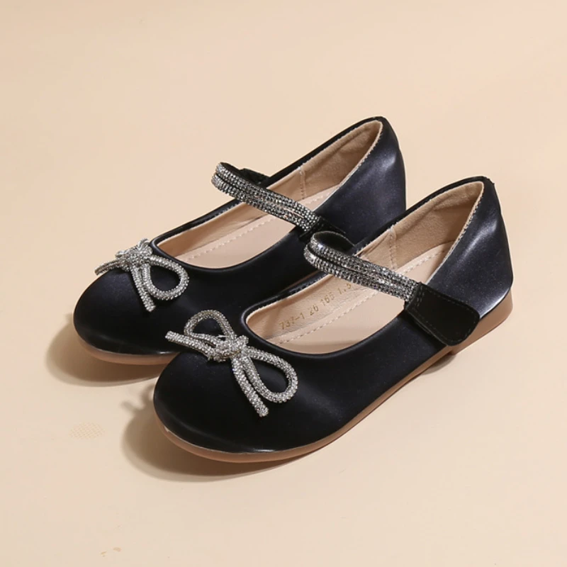 

Girls Shoes Rhinestone Bowtie Round-toe Simple Style Solid Black Kids Shoes 2023 New Mary Jane Shoes Soft Children School Flats