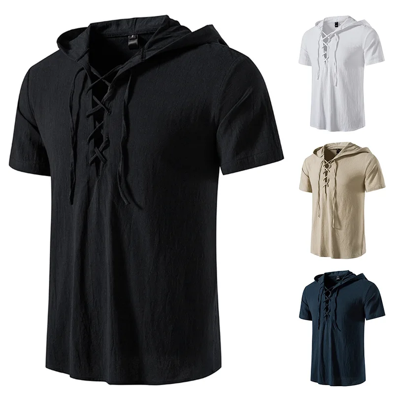 Cotton Hooded Short Sleeve Beach Yoga Men's Short Sleeve Shirt Casual Summer Chest with Hole Short Sleeve 2022 New Shirt Men