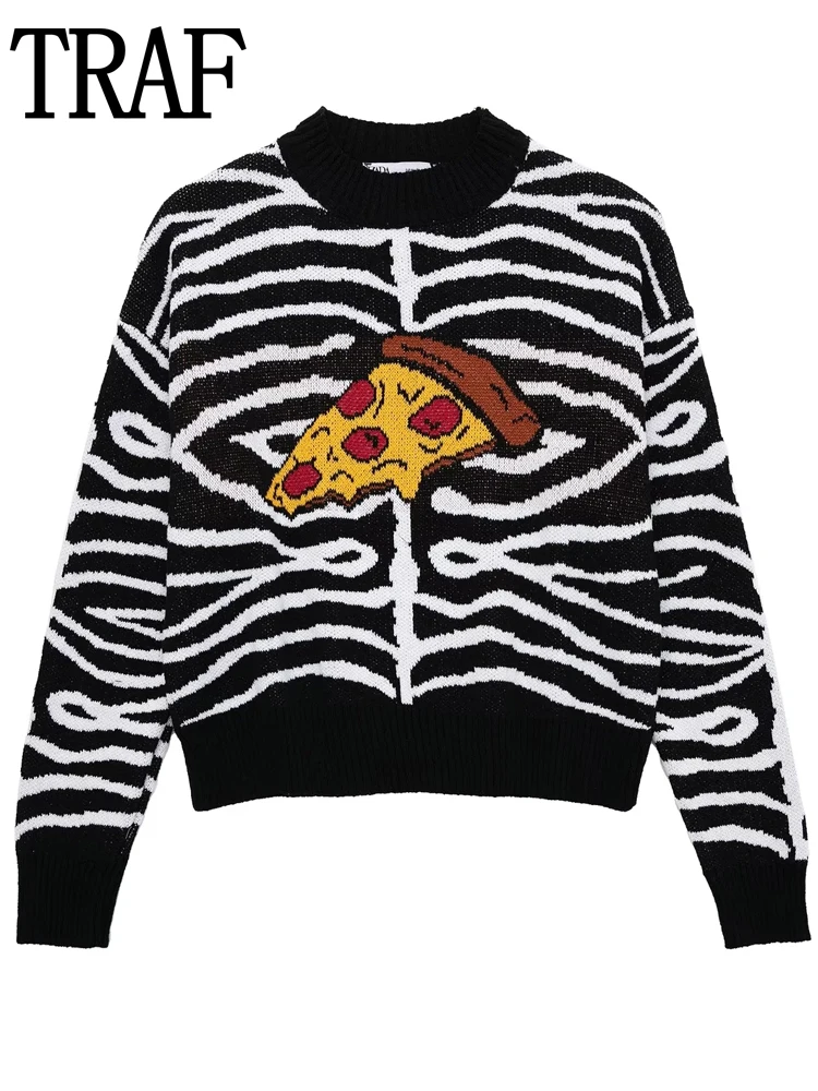 

Женский Укороченный трикотажный свитер TRAF, жаккардовый пуловер с длинным рукавом и круглым вырезом, трикотажный джемпер с принтом, зима 2022