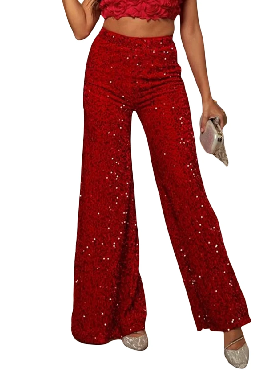 Women Sequin Flare Pants Sparkly High Waist Wide Leg Bell-Bottom Trousers Slim Party Club Shiny Pants Clubwear (C-Black XL)