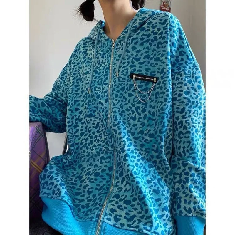 Модная розовая толстовка на молнии Y2k Harajuku уличная одежда с леопардовым принтом