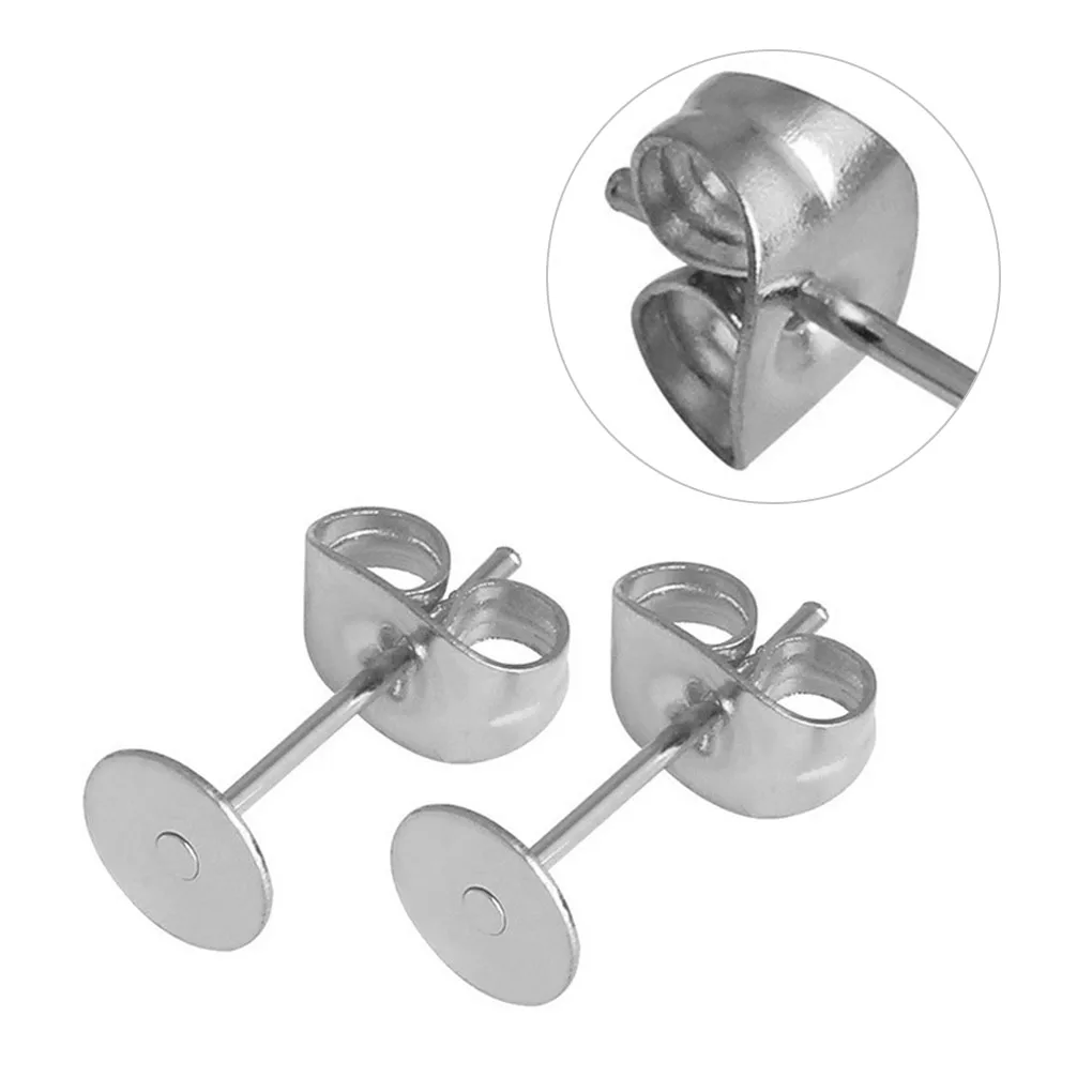 

100sets Earring Stoppers Stainless Steel Auricular Needles Round Flat Eardrop Backs, Silver