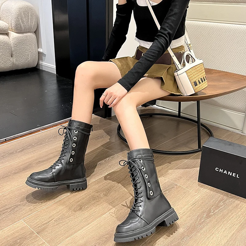 

Женские Винтажные ботинки в стиле ретро, ботинки до середины икры на платформе с перекрестной шнуровкой и круглым носком, обувь на массивном каблуке для вечеринки, новинка 2022
