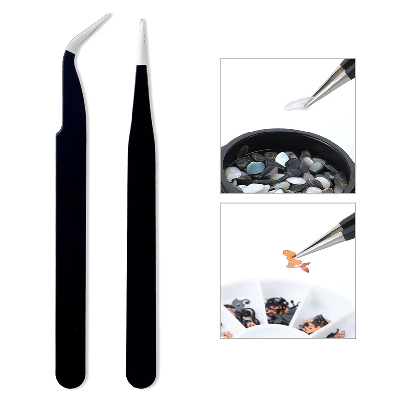

Stainless Steel Eyebrow Tweezers Curved Straight Black Tweezer Nail Art Rhinestones Nipper Picking Tool Sequins Beads