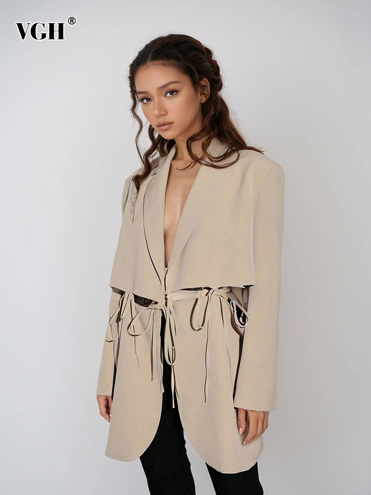 VGH однотонные ажурные блейзеры на шнуровке для женщин с зубчатым воротником и