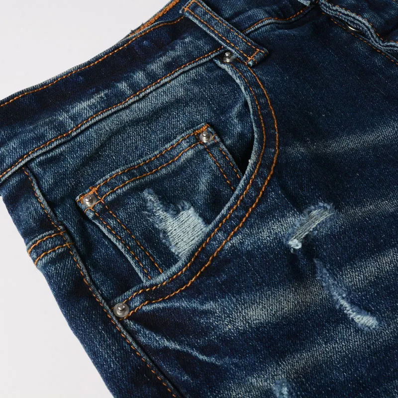 High Street Fashion Men Jeans Retro Dark Blue Elastic Stretch Skinny Ripped Jeans Men Leather Patched Hip Hop Brand Pants Hombre