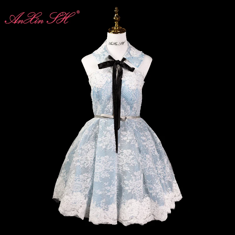 AnXin SH принцесса сине-белая роза с кружевным пуговицами на шее черный бант