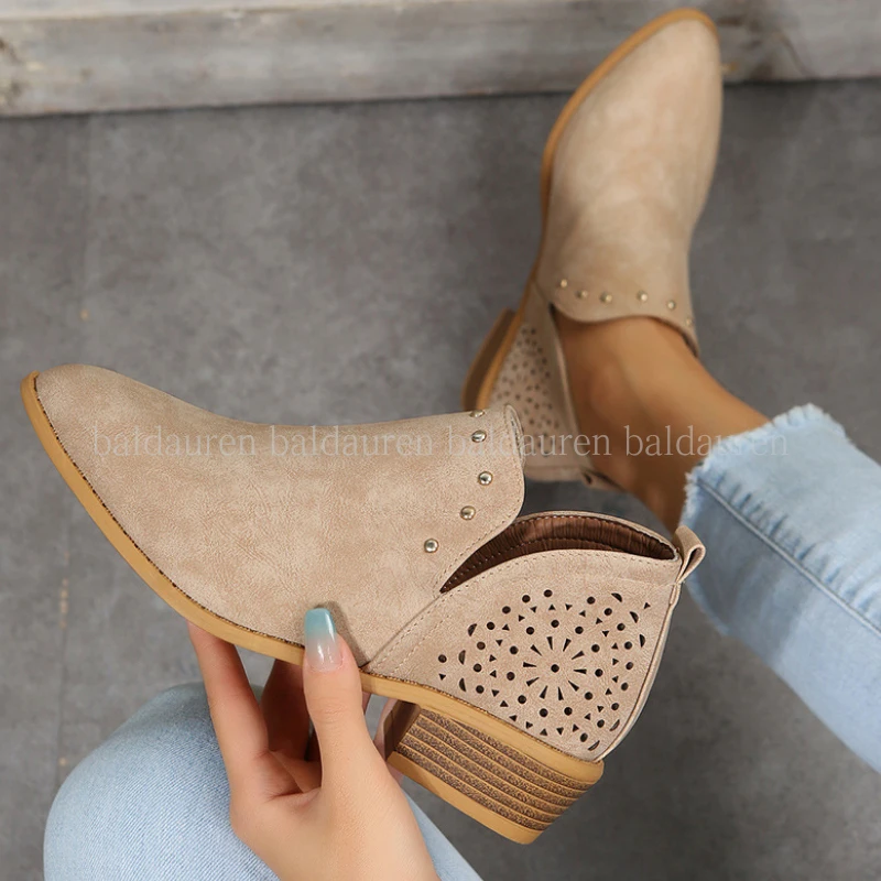 

Baldauren Women Boots Pointed Toe Chunky Heel Slip On Back Hollow Rivet Retro Concise Chelsea Boots Female Booties