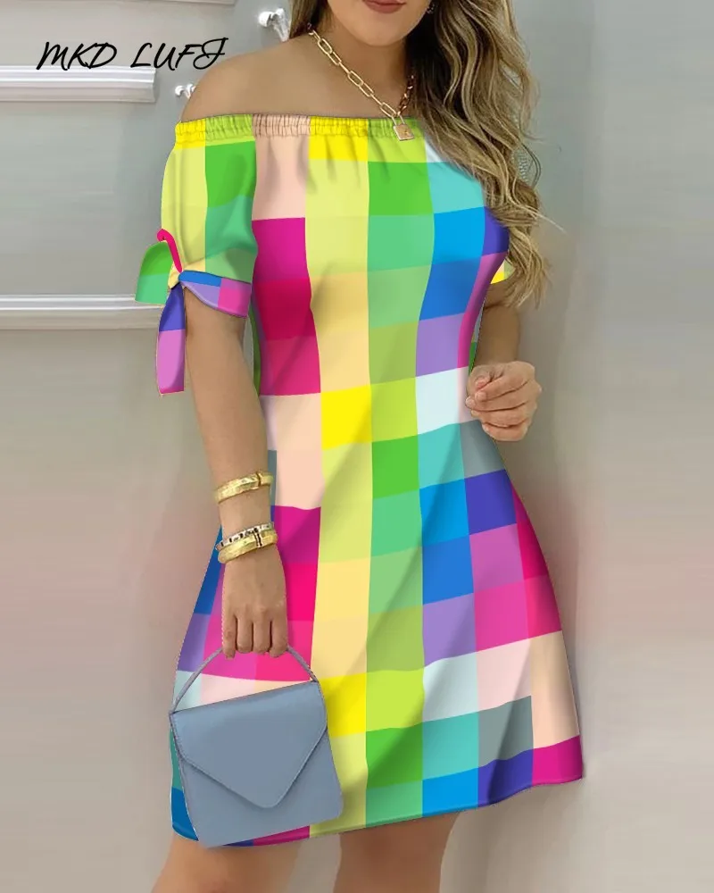 

MKD LUFI Plaid Ptint Colorblock Off Shoulder Tie Detail Casual Dress Women