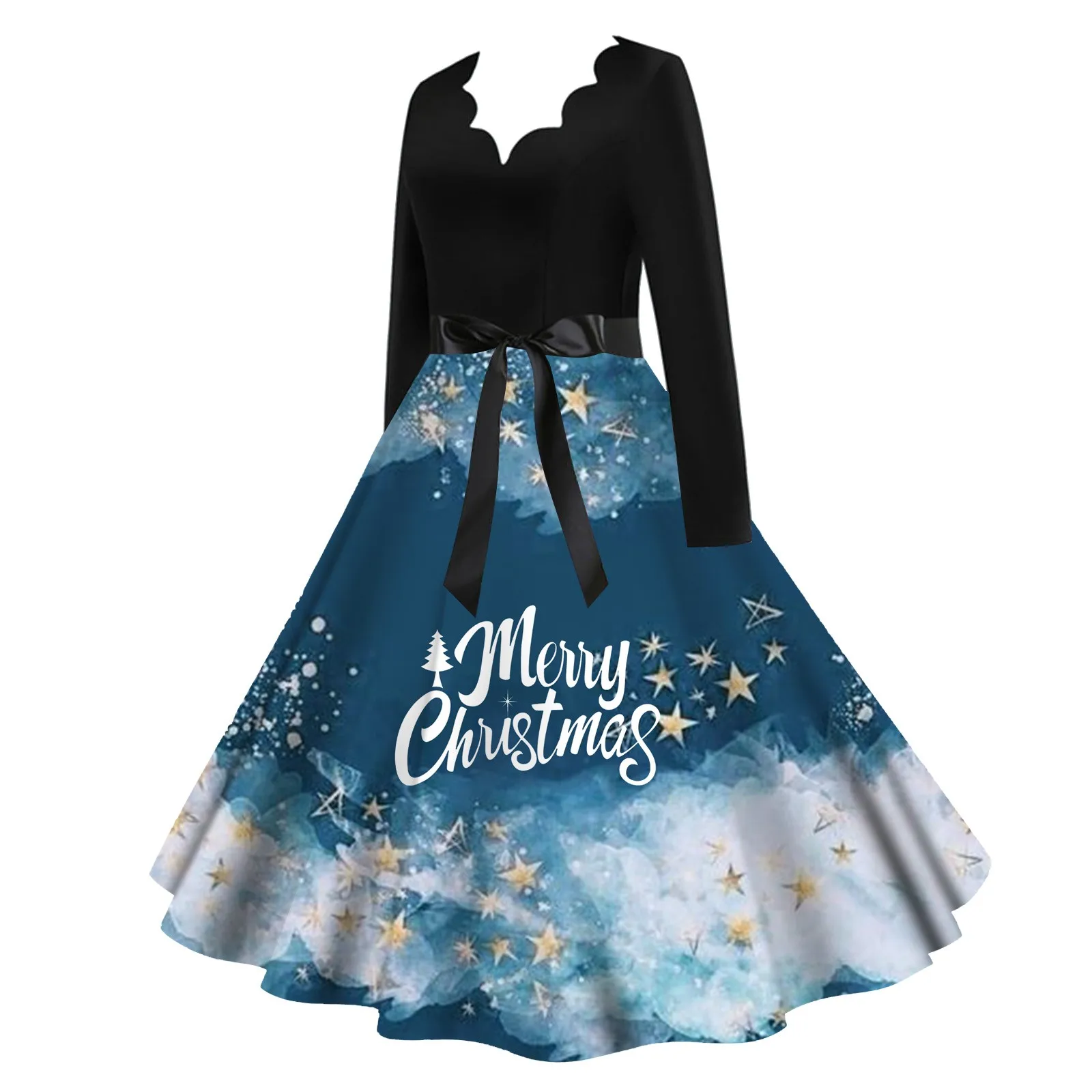 

Merry Christmas Women's Dress 2023 Classic Tea Long Sleeve V Neck Dress With Belt Swing Cocktail Party Dresses Elegant Robe
