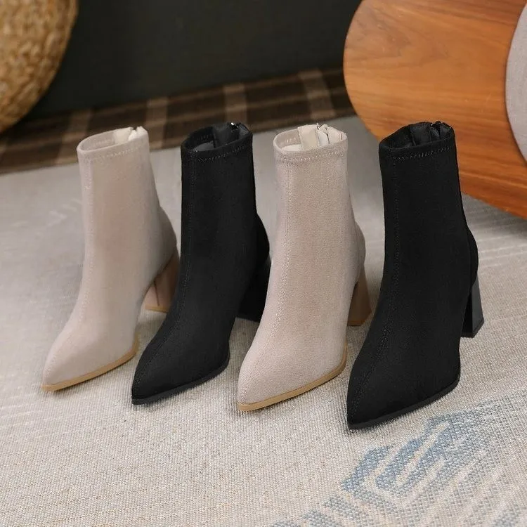 Ботильоны женские на низком каблуке с заостренным носком молнии