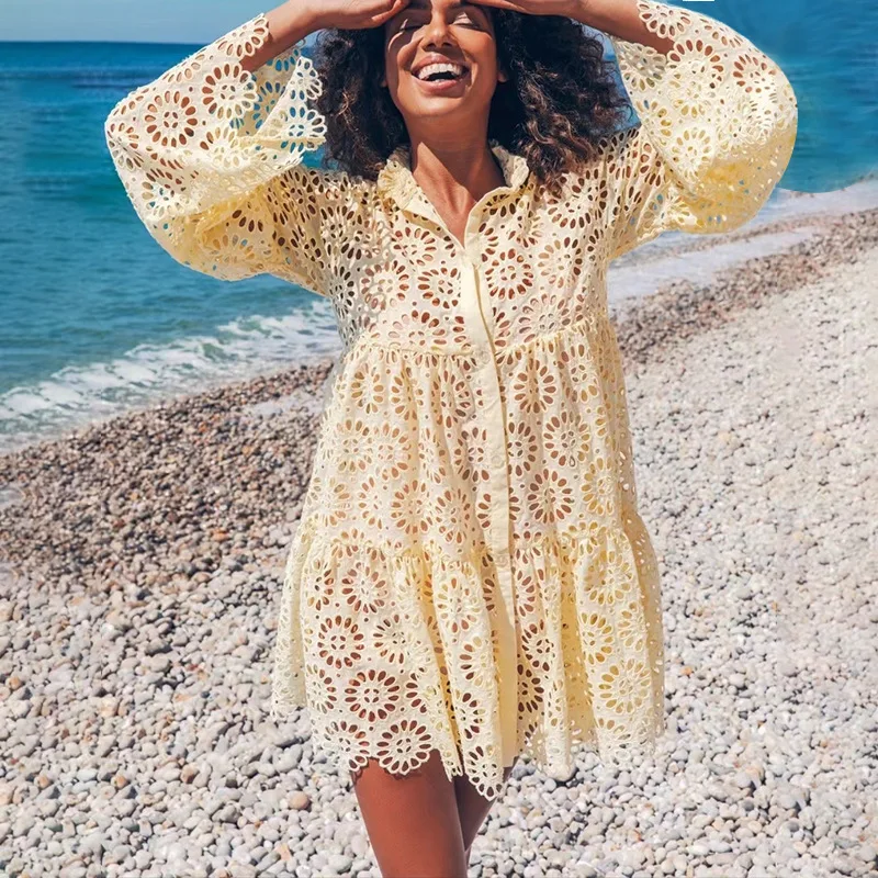 

Оригинальная вязаная ажурная юбка, Новинка весна-лето 2022, однобортная рубашка с воротником-стойкой, свободное платье с высокой талией