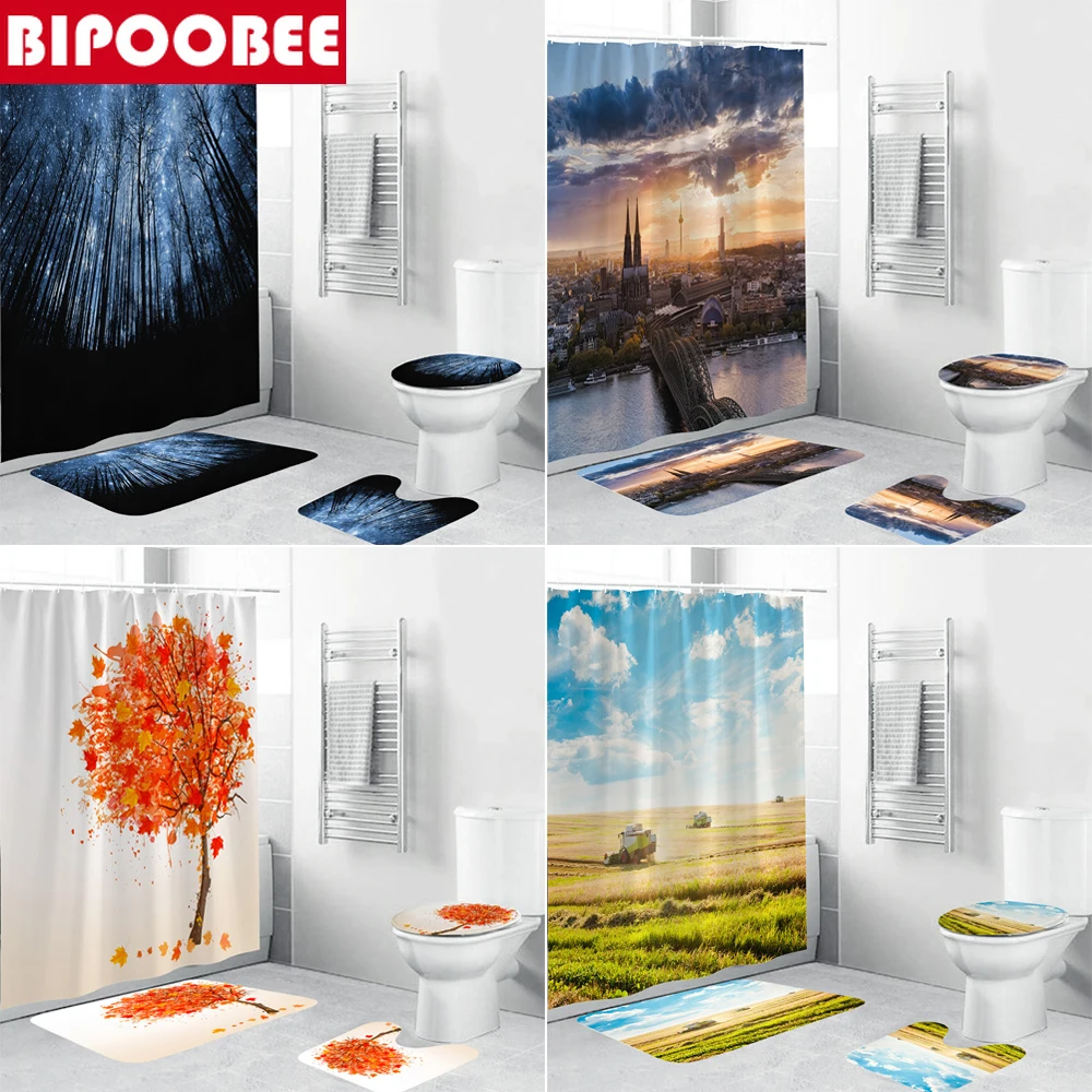 

Landscape Series Bathroom Shower Curtain Toilet Cover Bath Mats Rugs Non-slip Carpet Polyester Fabric Bathtub Screen with Hooks