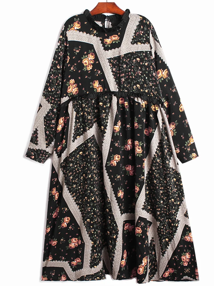 

Women Black Big Size Printed Color-block Dress New Round Neck Long Sleeve Loose Fit Fashion Spring Autumn 2022 N896