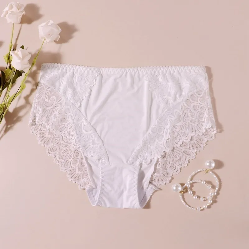 

Xiushiren Ice Silk Lace Stitching Briefs Solid Color Ladies Sexy Panties Comfortable Breathable And Supple Mid-rise Underwear