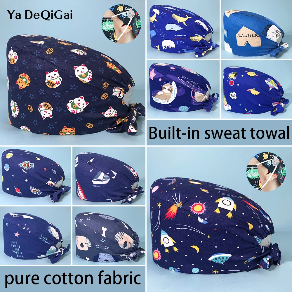

Hot Adjustable Scrubs Caps Unisex Printing Cotton Scrub Hat Beauty Salon Working Caps Nurse Hat Elastic Doctor Nurse Accessories