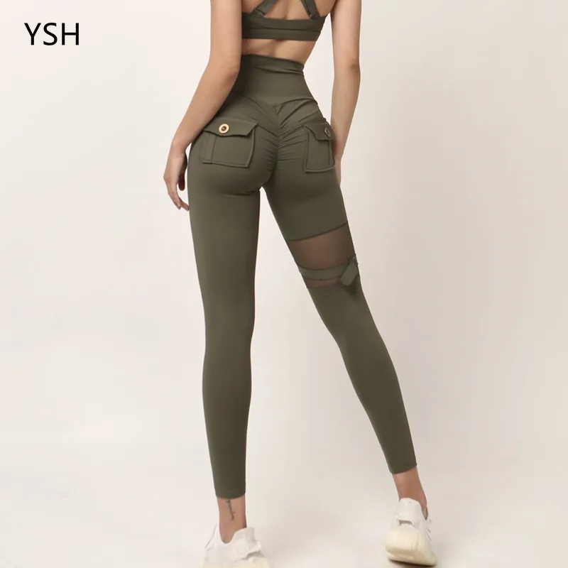 

Yushuhua Tooling Style Sports Pants Lift Hip Yoga Leggings Women Scrunch Butt Fitness Trousers Mesh Stitching Gym Running Tights
