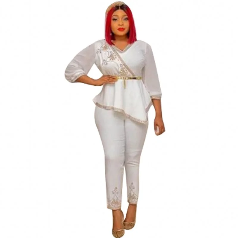 

2 Piece African Sets For Women 2022 Three Quarter Sleeve Beading Africa Elastic Bazin Baggy Pants Rock Style Dashiki Famous Suit