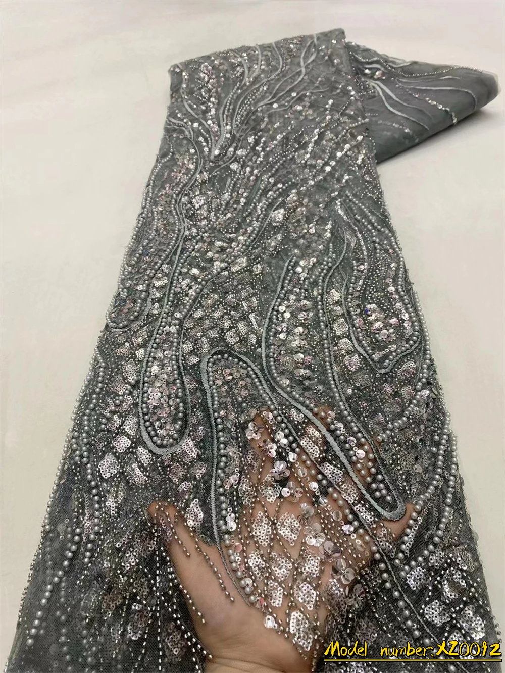 

OEMG Luxury 3D Embroidery Blue Nigerian Lace Fabrics 2022 High Quality Beads Lace Beautiful Beaded Tulle Bridal Fabric XZ0092