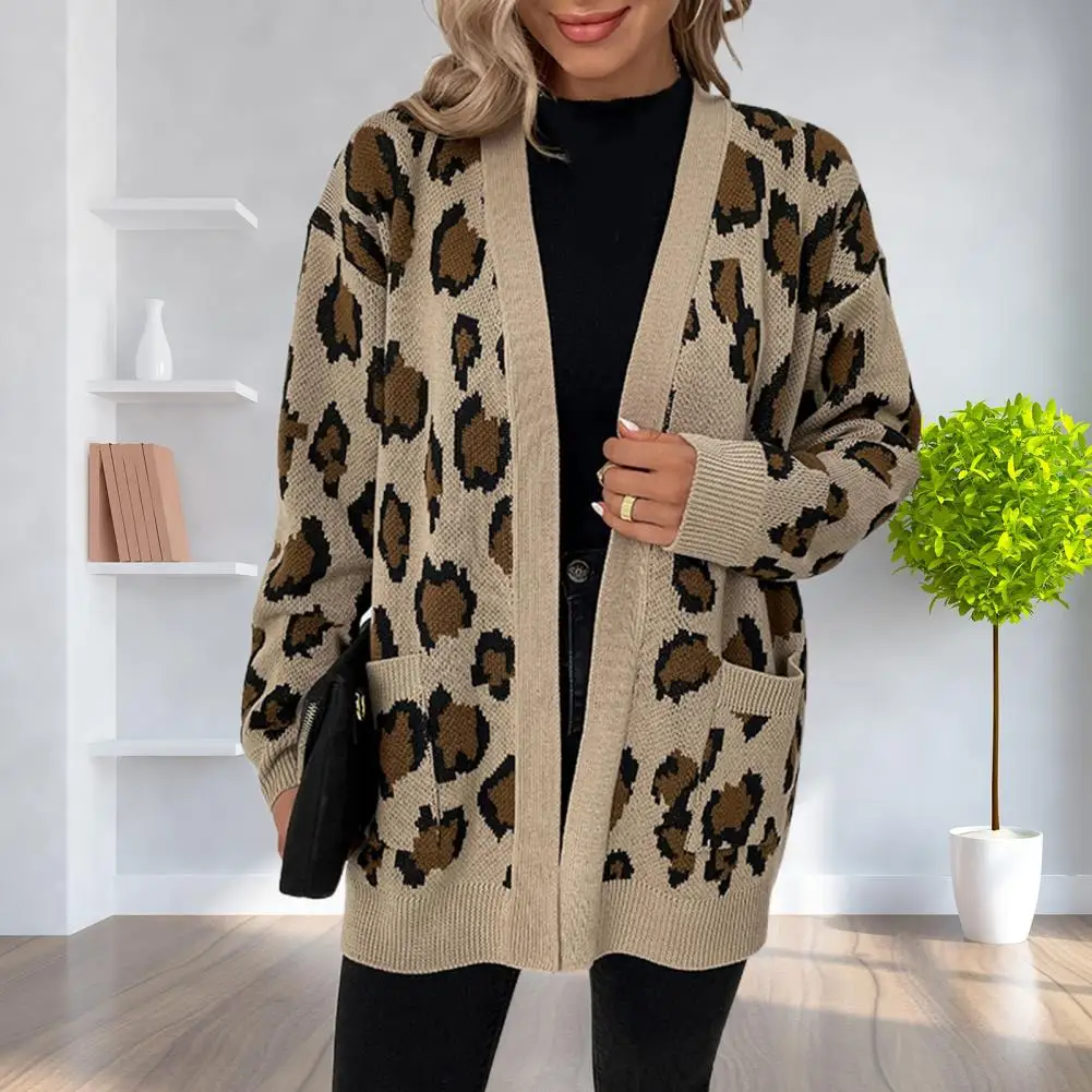 

Long Sleeve Open Stitch Ribbing Edge Big Pockets Women Knitwear Leopard Print Loose Long Knitted Coat Outerwear