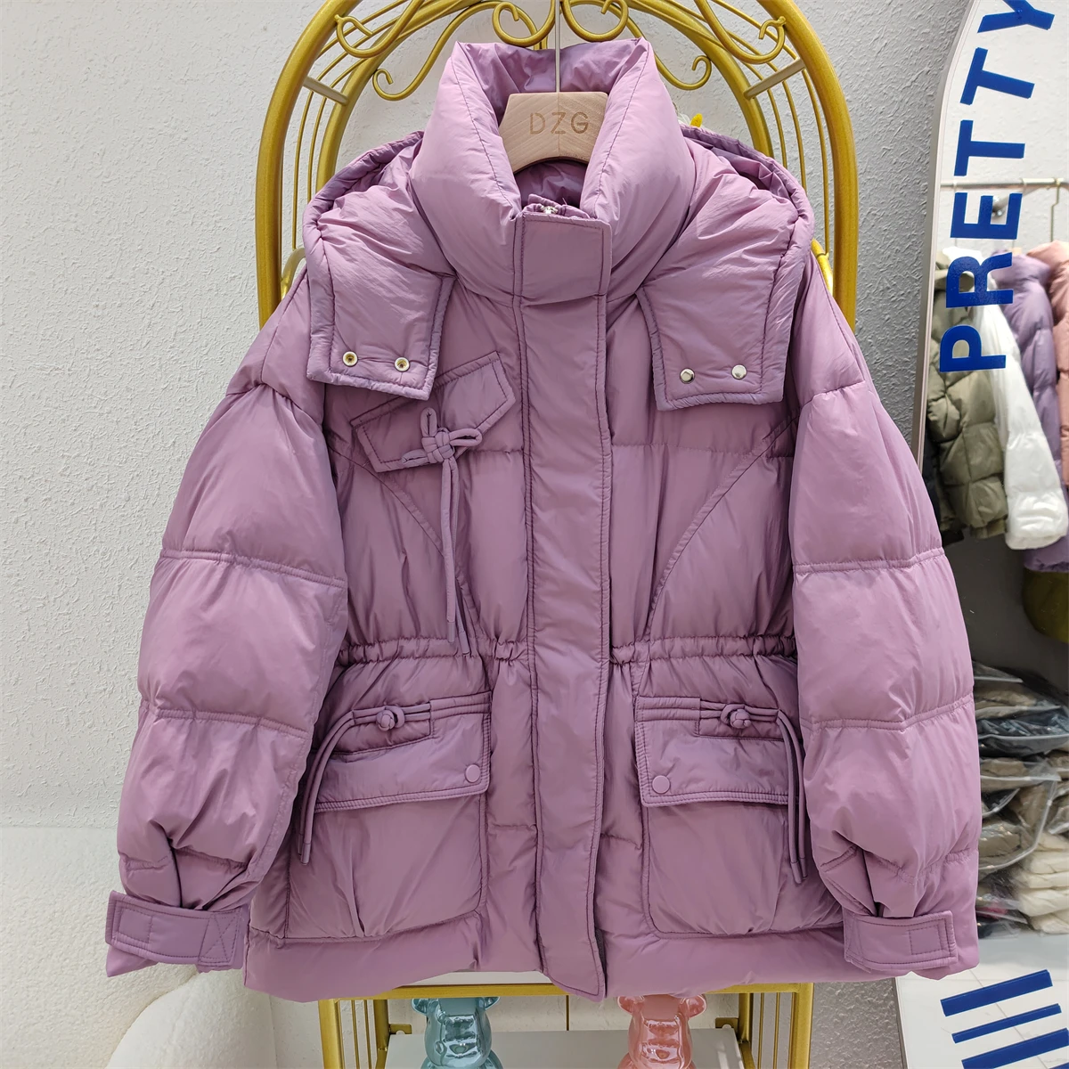 

Женский пуховик с длинным рукавом, повседневное пальто на белом утином пуху с узелком и капюшоном, модель L257 на осень и зиму, 2023