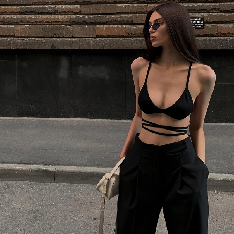 

Summer Fashion New Black Halterneck V-Neck Bandeau Vest Straps Backless Sexy Slim Street European And American Women'S Crop Top