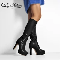 onlymaker women knee high boots round toe black matte leopard white side zipper winter fashion party dress big size boots