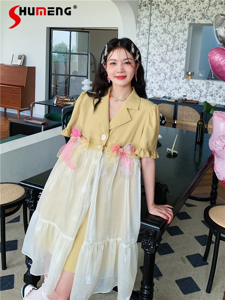 

French Stitching Contrast-Color Ruffled Detachable Yellow Suit Dress Women's Summer High waist Single-breasted Midi Dresses 2022