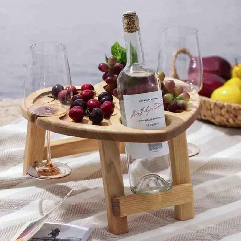 

Wooden Outdoor Portable Folding Wine Picnic Table Camping Cheese Board Tray Foldable Snack Table Wine Rack Tourist Fruit Table