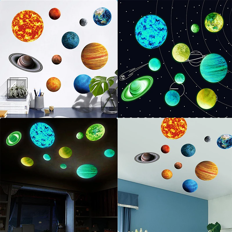 

Solar System Nine Planets Luminous Stickers Anti-static Waterproof Glow In The Dark Planet Stars Fluorescent Sticker Home Decor